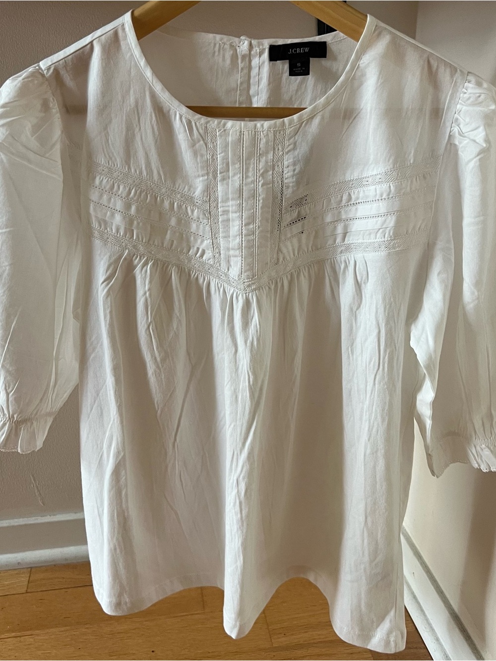 J. Crew White Pintuck Lace Yoke Peasant Blouse with Puff Sleeves
